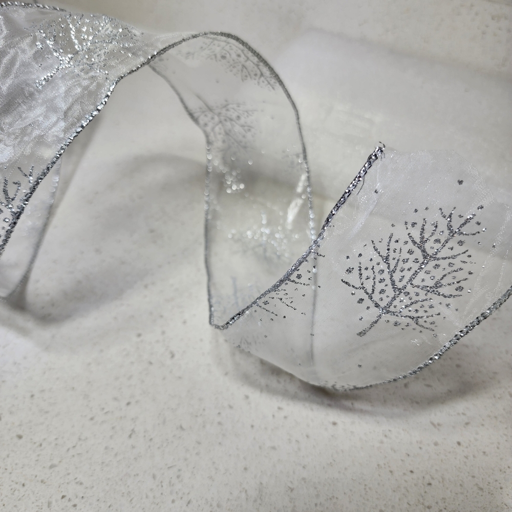 Wired Sheer Silver Ribbon With Glitter Christmas Trees - Picture 3 of 9